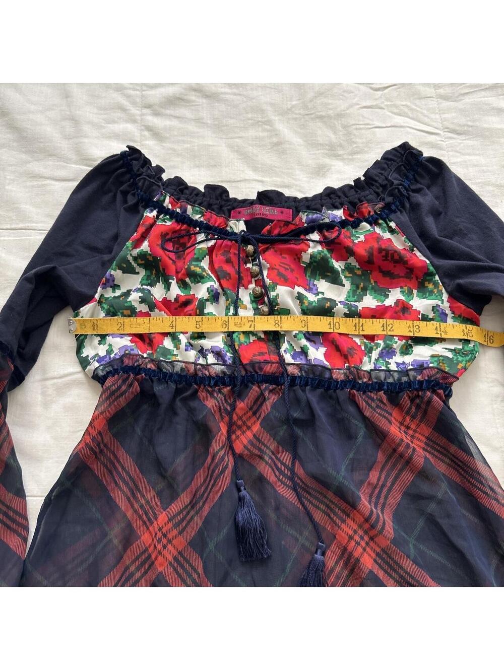 Anna Sui Navy Plaid Floral Bell Sleeve Blouse Whimsigoth Size S Japan - Picture 3 of 6
